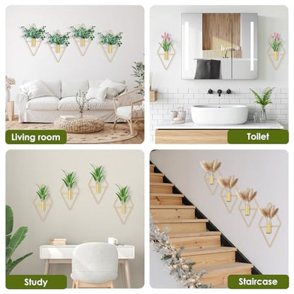 4Pcs Hanging Vase Wall Décor Metal Eucalyptus Wall Art Modern Diamond Shape Geometric Room Ornament for Living Room Balcony
