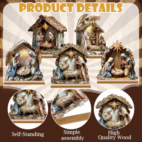 RattanView 5 Pcs Christmas Table Decorations Wooden Christian Religious Decoration Nativity Scene Centerpiece Holy Night Tiered Tray Decor Nativity Scene Christmas Block Signs for Home Kitchen Shelf - style: Nativity Scene