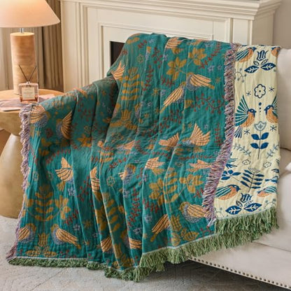 Boho Throw Blanket, 100% Soft Cotton Floral Quilt, Twin 60"x 80" - color: Spring Blue, size: Twin 60"x80"