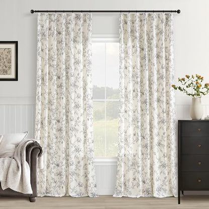Black Floral Curtains 102 Inches Long Semi Sheer Pleated Linen Curtain - color: Black, size: 40"W x 102"L (Pack of 2)
