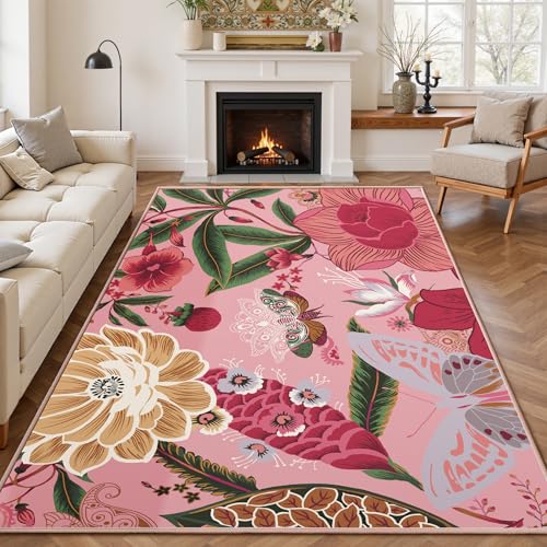 Tyrot Pink Boho Floral Living Room Rug, 5x7 Rug Washable Botanical Butterfly Area Rugs Flat Woven Ultra-Thin Non Slip Low Pile Carpet for Bedroom, Dining Room, Office, Kids Room - color: Boho Rose, size: 5' x 7' (Rectangular)