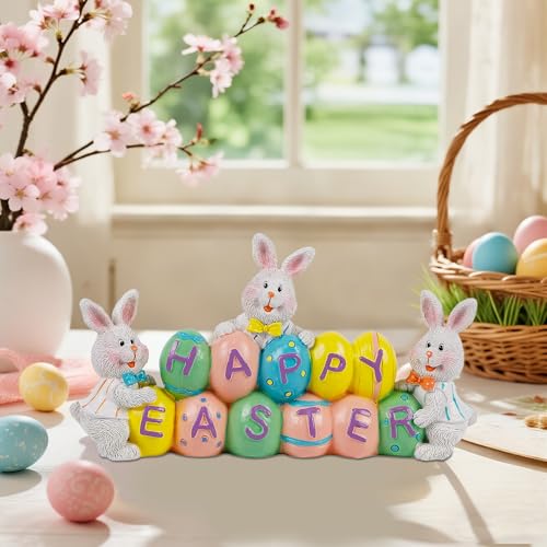 DR.DUDU Easter Decorations Eggs Bunny, Hand-Painted Resin Tabletop Centerpiece, Decor Bunny Figurine for Home Room Table Office Party (Happy Easter)
