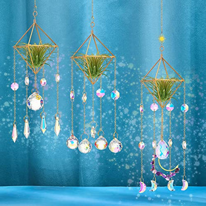 Yookeer 3 Pcs Air Plant Hanger Golden Geometric Metal with Crystal Chain