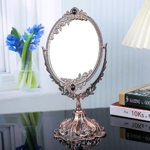 Guppy Small Metal Vintage Makeup Mirror, Floral Tabletop Oval Cosmetic Mirror, Vintage Swivel Double Sided Cosmetic Mirror, with Embossed Frame Base, Retro Mirror for Dressing Bedroom-Red Bronze - color: Red Copper, size: 11.5"L x 5.1"W