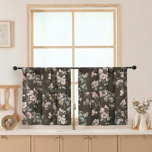 Aiyufeng Floral Tiers Curtains 24 Inch Length for Kitchen, Flower Patterned Soft Airy Light Filtering Country Style Rod Pocket Small Window Treatments Short Drapes, W30 X L24 Inch, Charcoal Brown - color: Charcoal Brown, size: 30"W x 24"L (Pack of 2)