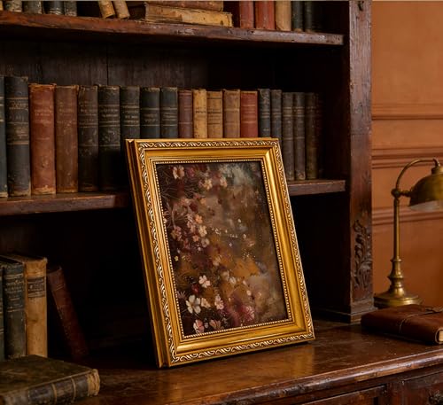 Vintage Gold Framed wall art Vintage Floral Canvas Moody Wildflower Field Dark Pictures Aesthetic Wall Decor Rustic Botanical Painting Print 9x11in - color: Vintage gold-framed wildflower, size: 11"L x 9"W