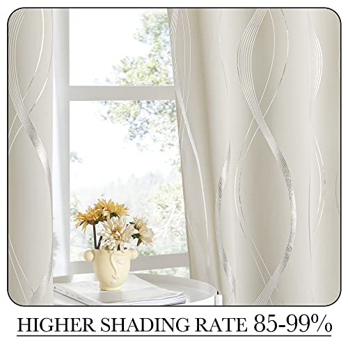 NICETOWN Bedroom Curtains Small Blackout Panels, Beige, Set of 2, 42 by 40 Inch, Window Treatment Thermal Insulated Solid Grommet Blackout Wave Line Foil Print Design Curtains for Kitchen, Cafe, Loft - color: 1 - Beige, size: 42"W x 40"L (Pack of 2)