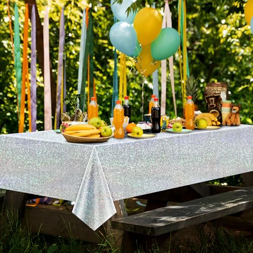 Red & Silver Carnival Laser Tablecloth 40" x 108" Shining Christmas Holiday Holographic Table Cloth Birthday Graduation Party Table Cover Plastic Foil Party Supplies For Anniversary Baby Shower - color: Red & Silver