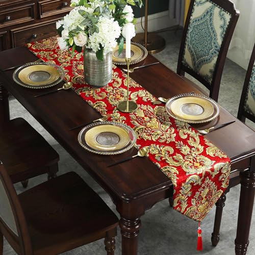 Elegant Table Runners 72 inches Long Chenille with Tassels Red Christmas - color: Red, size: 13x72”