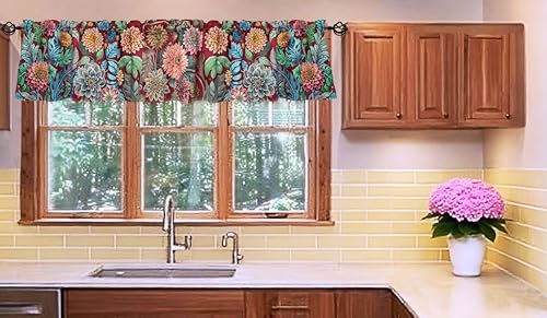 Bohemian Floral Dahlia Scroll Window Valance 52 X 16 Inches - color: Dahlia-red