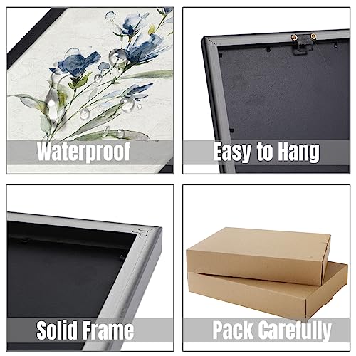 Set of 2 Navy Blue Watercolor Floral Canvas Wall Art 12x16 Inch Black Frame - color: Watercolor Flower Black Frame