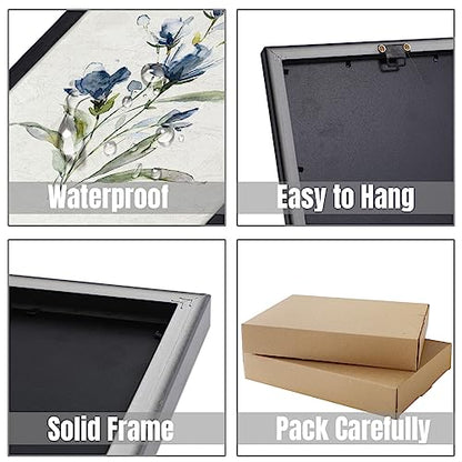 Set of 2 Navy Blue Watercolor Floral Canvas Wall Art 12x16 Inch Black Frame - color: Watercolor Flower Black Frame