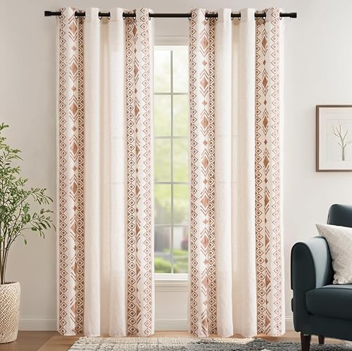 Beige Boho Curtains 63 Inches Long 2 Panels Neutral Linen Textured - color: Geometric-beige, size: 52"W x 63"L (Pack of 2)