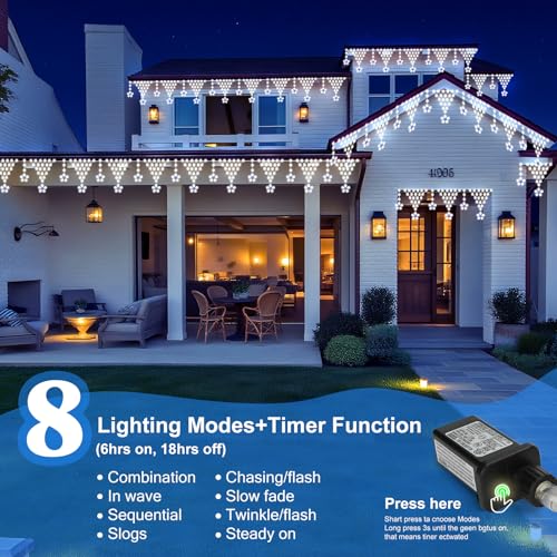 Christmas Lights Outdoor, 218 LED 13.8ft 8 Modes Curtain String Lights with 12 Drops Star, Plug-in Christmas Icicle Lights for Wedding, Party, Eaves, Xmas Yard Decorations - White - color: White