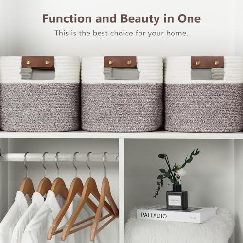 ECDYQXVU 15x10x9 Woven Cotton Rope Storage Basket, Leather Handles 1 Pack - color: White/Brown-1 Pack, size: 1 Pack