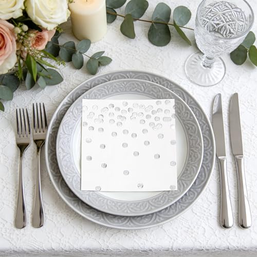 80 Pack of White Paper Cocktail Napkins with Gold Foil Polka Dot Confetti，Polka Dot Party Supplies(5 x 5 in，3-ply) (Silver) - style: Silver Dot
