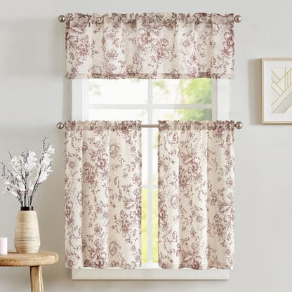 jinchan Red Floral Linen Kitchen Tier Curtains and Valance Set 3 Pieces - color: Alice | Red on Linen, size: 26"W x 36"L (Pack of 3)