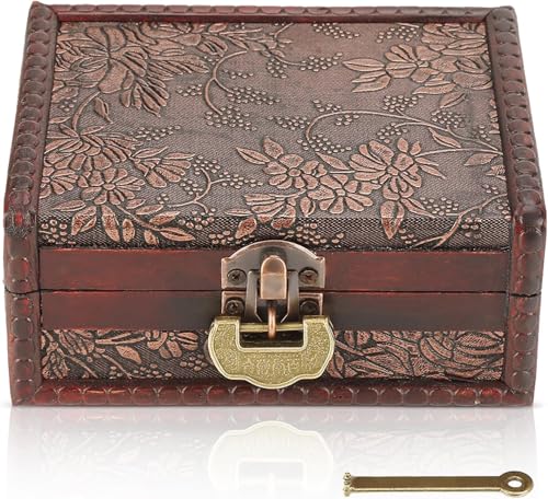 Vintage Decorative Wooden Box,Keepsake Box with Lock and Key,Jewelry Treasure Chest with Hinged Lid for Jewelry Necklace,Earrings,Rings,Great Gift(5.7 * 4.3 * 2.6in)
