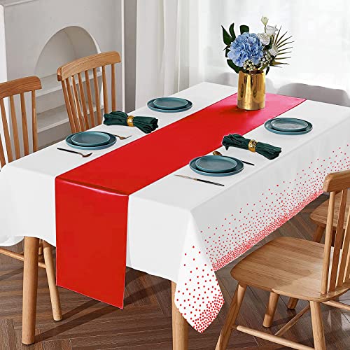 8Pack Disposable Plastic Tablecloths and Satin Table Runner Set White and Red Dot Tablecloth Red Satin Table Runner for Wedding Birthday Baby Shower Anniversary Christmas New Year Party Supplies - color: White and Red, size: 8 Pack