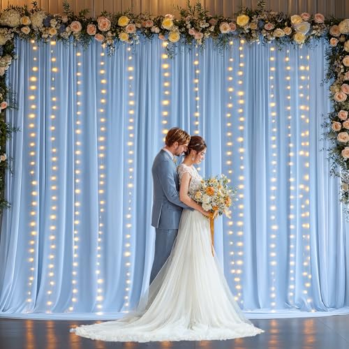 20 x 10ft Baby Blue Backdrop Curtains with Lights String - color: Baby Blue, size: W5' x H10'(4 panels)