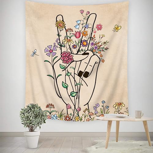 Peace Love Beige Tapestry Abstract Hand Flower Botanical Line Wall Hanging - color: Abstract Hand, size: 59"L x 51"W