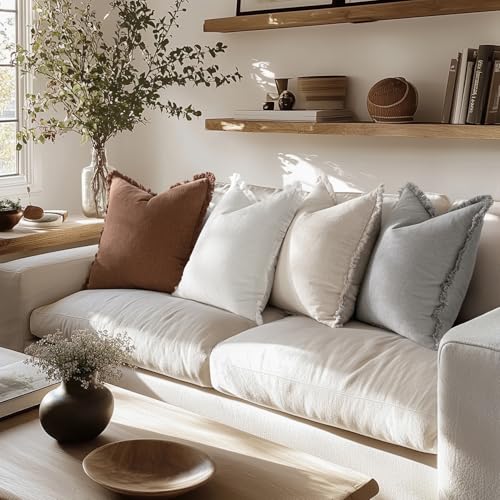 MIULEE Fall Linen Fringe Pillow Covers Set of 4 18x18 Beige/Brown/Grey - color: Neutral, size: 18" x 18" (Pack of 4)
