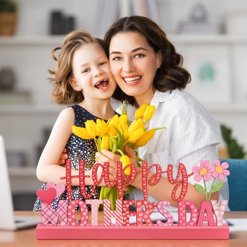 Yaocom 13.78 Inch Metal Happy Mothers Day Sign Mother's Day Table Decorations Holiday Tiered Tray Letter Sign Mom Table Centerpiece with Wooden Base for Home Shelf Mantel Office Kitchen Party Decor - style: Mothers Day