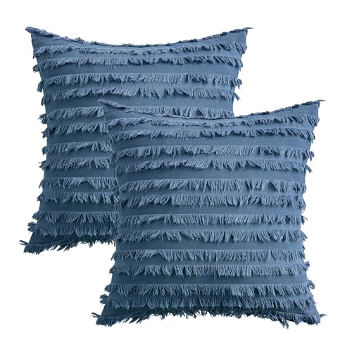 MIULEE Boho Linen Striped Throw Pillow Covers 18x18, Dark Blue - color: Dark Blue, size: 18" x 18" (Pack of 2)