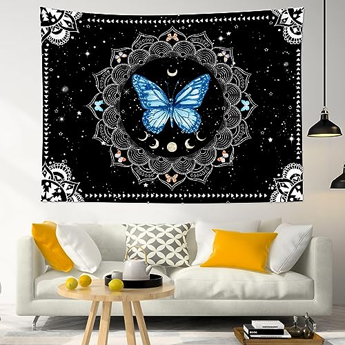 LB Boho Blue Butterfly Tapestry Wall Hanging, 60Wx40L Inches | Black and White Mandala Floral Tapestry, Modern Aesthetic Moon Phase Wall Decor, for Bedroom Living Room Bathroom Drom - color: Blue, size: 40"L x 60"W