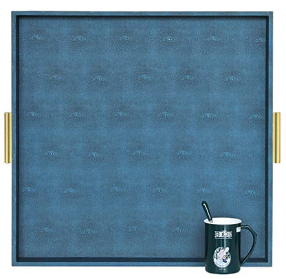 HofferRuffer Extra Large Square Serving Tray, Elegant Faux Leather Ottoman Tray with Gold Hardware Handles, Serve Tea, Coffee or Breakfast in Bed, 24 x 24 inches (Navy Blue Shagreen) - color: Navy Blue Shagreen, size: 24" x 24" x 2"
