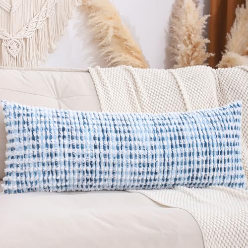 LUOYEHK Boho Throw Pillow Covers 14x36 Inch Chenille Tufted Pillowcase Farmhouse Neutral Cushion Covers for Couch Sofa Bed Living Room, Blue White (1 Piece) - color: Blue White, size: 36" x 14" (Pack of 1)