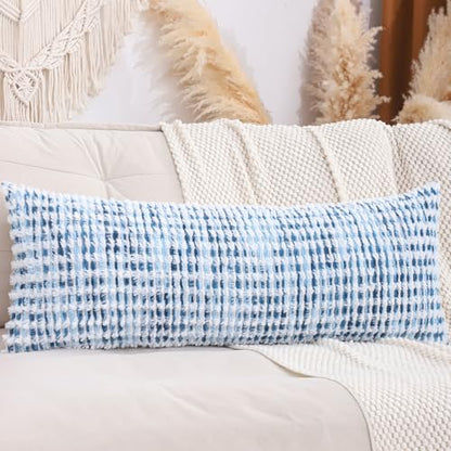 LUOYEHK Boho Throw Pillow Covers 14x36 Inch Chenille Tufted Pillowcase Farmhouse Neutral Cushion Covers for Couch Sofa Bed Living Room, Blue White (1 Piece) - color: Blue White, size: 36" x 14" (Pack of 1)