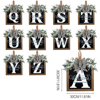 Last Name All Year Round Front Door Wreath with 26 Initial Letter Welcome Sign All Seasons Eucalyptus Garland and Bow ，Farmhouse, Porch, for Spring Summer Fall All Seasons Holiday Halloween Christmas.（K） - color: K