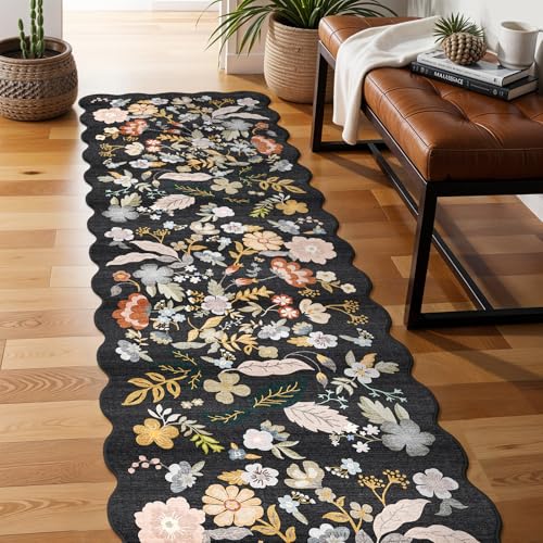 Extra Long Hallway Runner Rug: Washable Floral 2.6x25 Carpet Runner Black - color: Black, size: 2'7" x 25' (Runner)