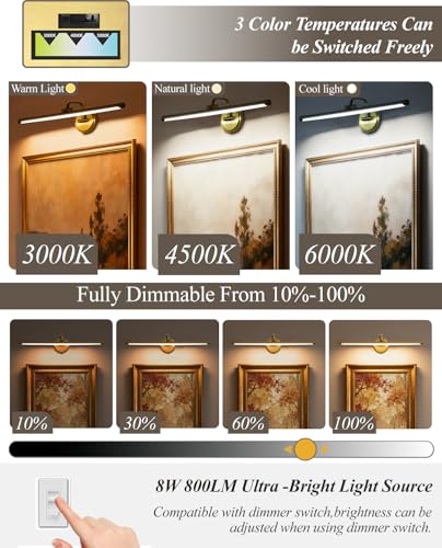 Hard-Wired Picture Light for Wall,16'' Inch Modern Brass Metal Body Dimmable Frame Light with Adjustable Swing Arm 3CCT LED Art Display Light for Paintings Gallery 6W Wall Light, Hallway Vanity Light - color: Gold, size: 16 inches