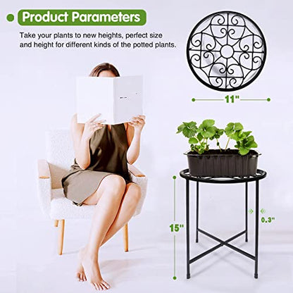 15" Tall Metal Plant Stand, 11" Wide Round Plant Stand for Flower Pots Up to 100lbs, Rustproof Iron Plant Holder for Indoor Outdoor Use, Easy Assemble Flower Stand for Home Garden Display Greenery