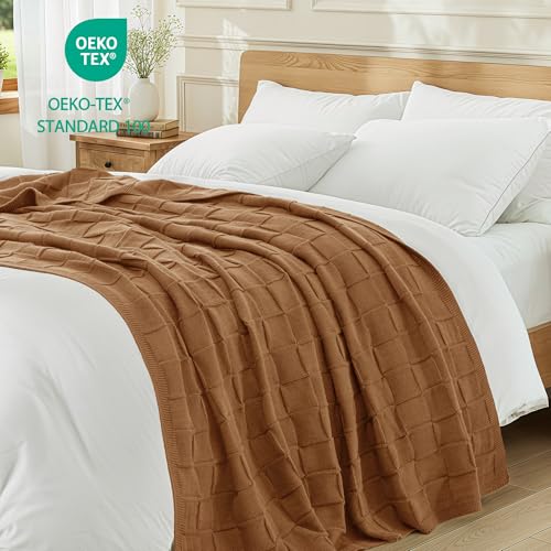 Whale Flotilla Checkered Knit Throw Blanket for Couch, Brown - color: Brown, size: 50x60 Inch
