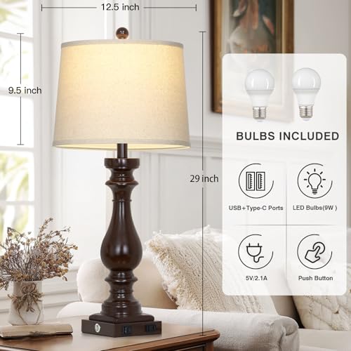 Cinkeda 29" Tall Farmhouse Table Lamp for Living Room Set of 2,Vintage Retro Nightstand Lamps with USB C+A Ports & AC Outlet,3-Way Dimmable Touch Bedside Lamp for Bedroom Side Table,Dark Brown - color: Dark Brown