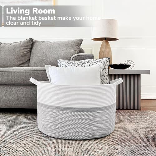 CHICVITA 85L Large Cotton Rope Blanket Basket with Handles, Grey - color: Gray
