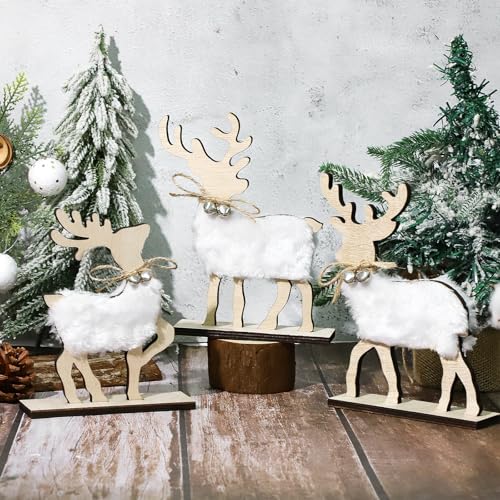 COCHIE Cute Christmas Tiered Tray Decor Indoor, Wooden Reindeer Christmas Tabletop Decorations and Xmas Tree Centerpiece, Reindeer Sign Standing Elk Decor for Home Party Decorations (Fur) - style: Fur