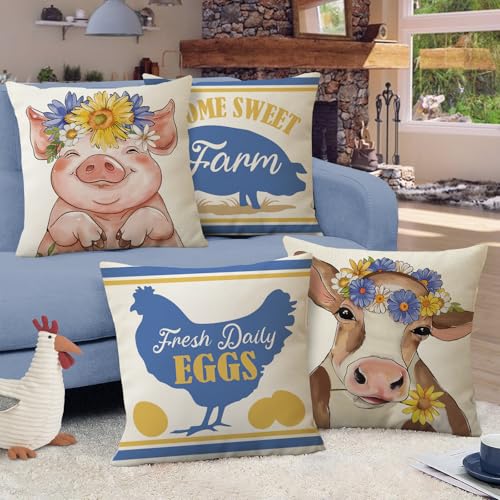 Fahrendom Farm Animals Decorative Throw Pillow Covers 18 x 18 Set of 4 - color: Pig Cow