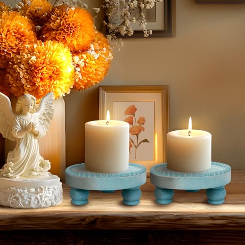 Farmhouse Round Wood Tray Riser, Pedestal Stand with Beaded Edge, Rustic Wooden Candle Trays Decor for Tiered Tray, Candle, Mug Display Decorative, Table Centerpiece, Blue Green - color: Blue Green, size: Set of 2