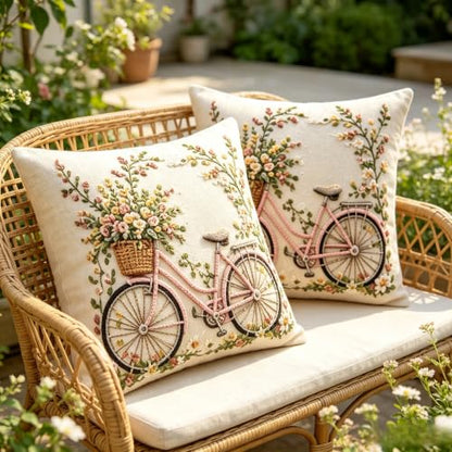 2D Flat Pink Bicycle Flower Basket Linen Throw Pillow Covers 18x18 Set of 2 - color: A20024, size: 18" x 18" (Pack of 2)