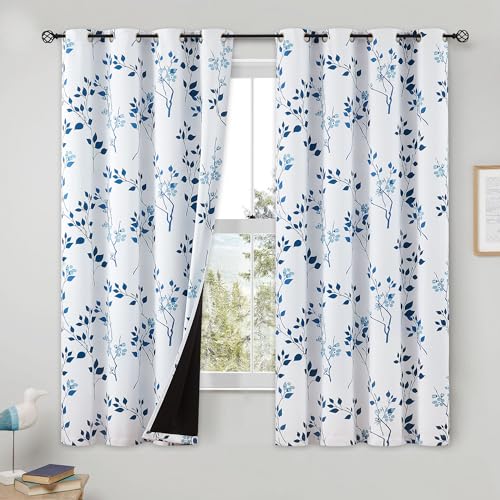 Beauoop Floral 100% Blackout Curtains for Bedroom Navy Blue 52X54 2 Panels - color: Grommet | Blue Navy, size: 52"W x 54"L (Pack of 2)