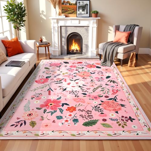 Terrug 8x10 Pink Floral Area Rug for Living Room,Boho Machine Washable Ultra-Thin Rugs with Non-Slip Blacking for Bedroom,Large Flower Carpet for Dining Room Playroom Floor Decor - color: Pink, size: 8' x 10' (Rectangular)
