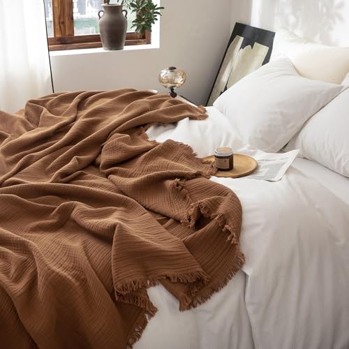 FOSSA Muslin Blanket 4-Layer 100% Cotton Gauze Blanket with Fringe 108"x98" - color: Dark Orange, size: Super King(108" × 98")