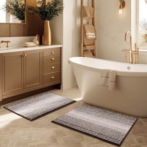 BSICPRO Bathroom Rugs Sets 2 Piece, Non Slip Striped Bath Mats, Brown - color: Brown, size: 20" x 32" Plus 16" x 24"