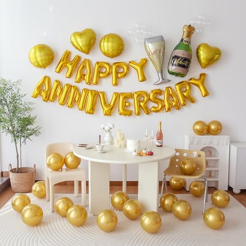 Love & Wedding Anniversary Gold Foil Balloon Kit, Decorations with Heart & Champagne Balloons, Date Night Balloons for Couples, Valentine's Day, Marriage Celebration (Love Kit 6) - color: Love Kit 6