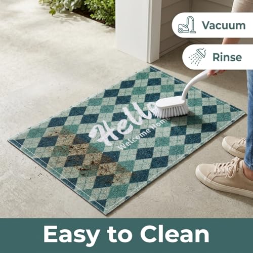 Green Plaid Washable Door Mat 20x30 Inch - color: Green Diamond Pattern
