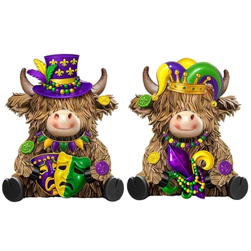 2 Pack Mardi Gras Highland Cow Figurines Mardi Gras Gifts - style: Mardi Gras